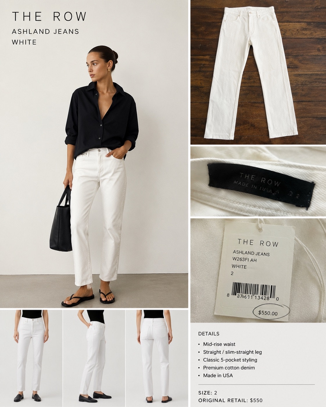 Nwt The Row Ashland Jeans White Size 2 Mid Rise Straight Leg Luxury Denim $550